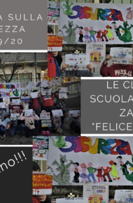 Collage di scritte e foto di bambini con dei cartelloni sulla sicurezza per la giornata ad essa dedicata